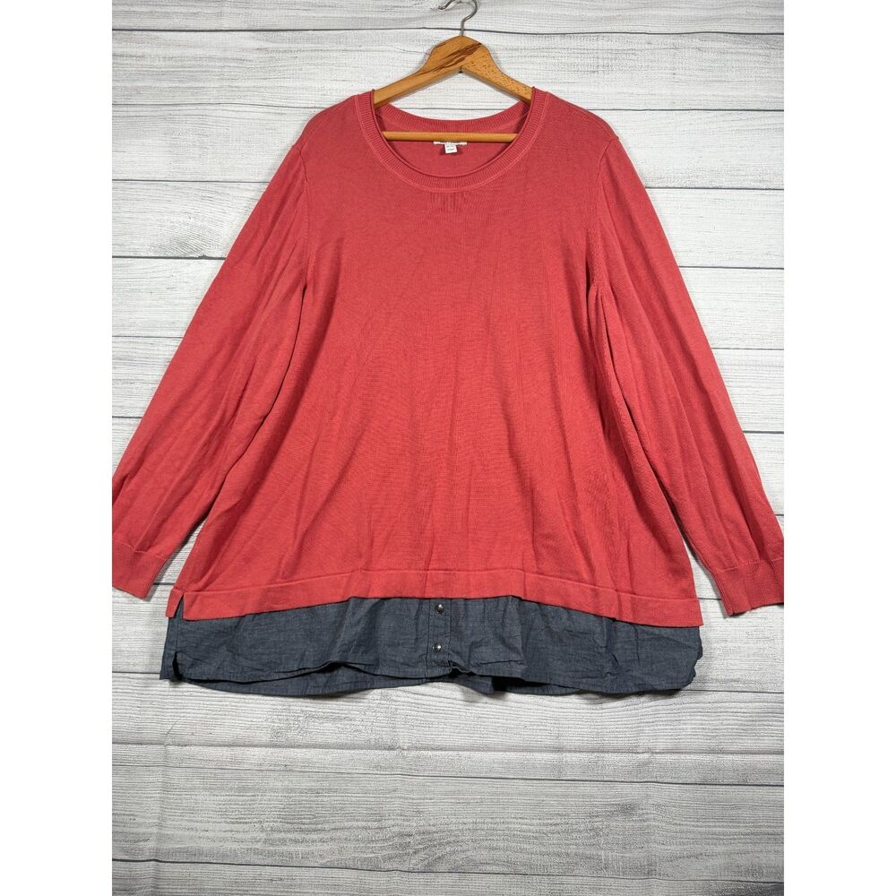 D&Co Womens 3X Coral Knit Layered Chambray Hem Long Sleeve Tunic Top 4257